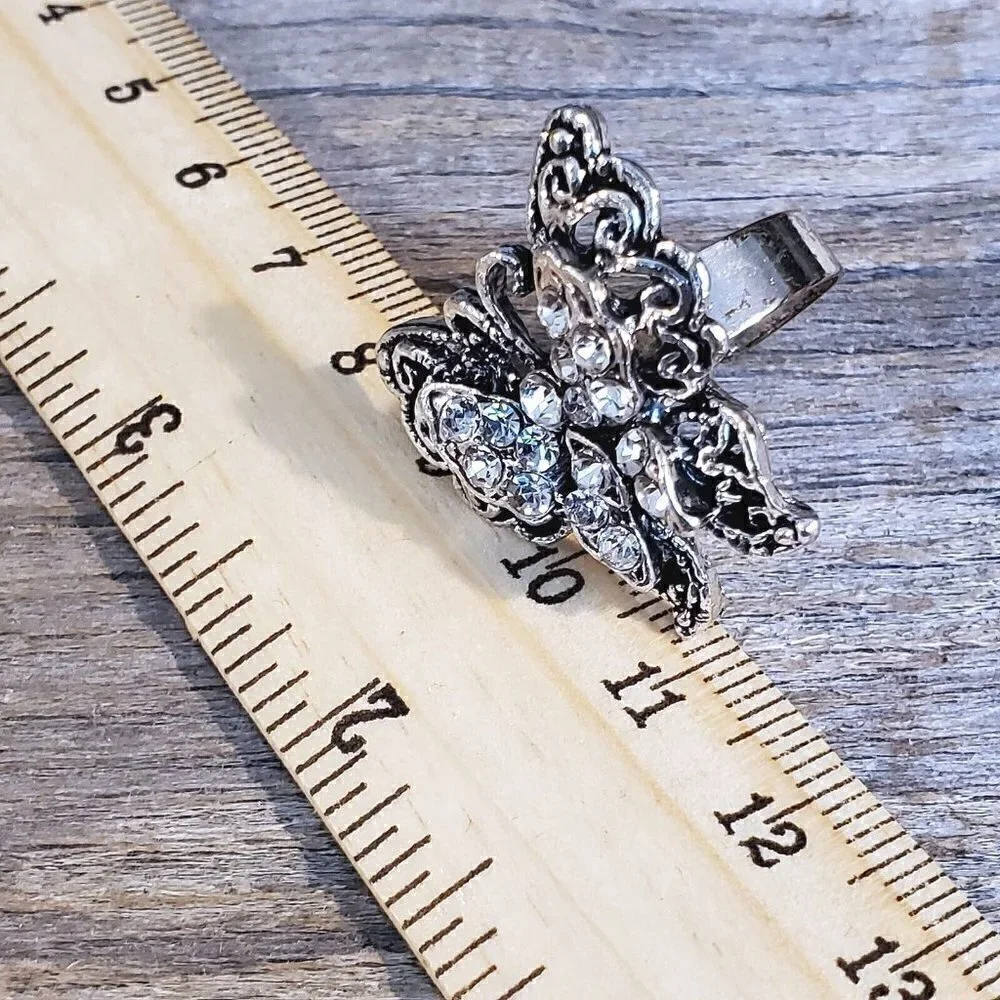 Vintage Y2K 90s Clear Crystal Butterfly Silver Adjustable Cocktail Ring
